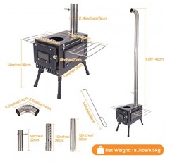 Lineslife 핫 텐트 스토브 목재 굽기, 텐트 쉼터 야외 요리 난방 장치용 방풍 굴뚝이 있는 휴대용 캠핑 목재 스토브, 블랙