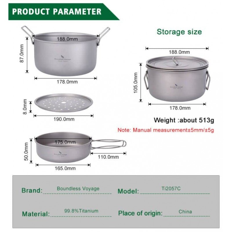 무한 항해 티타늄 1900mL 냄비와 900mL 프라이팬 세트(김이 나는 랙과 뚜껑 포함) 다기능 기선 냄비 야외 요리 초경량 캠핑 조리기구