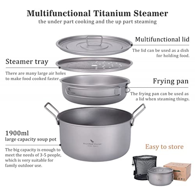 무한 항해 티타늄 1900mL 냄비와 900mL 프라이팬 세트(김이 나는 랙과 뚜껑 포함) 다기능 기선 냄비 야외 요리 초경량 캠핑 조리기구