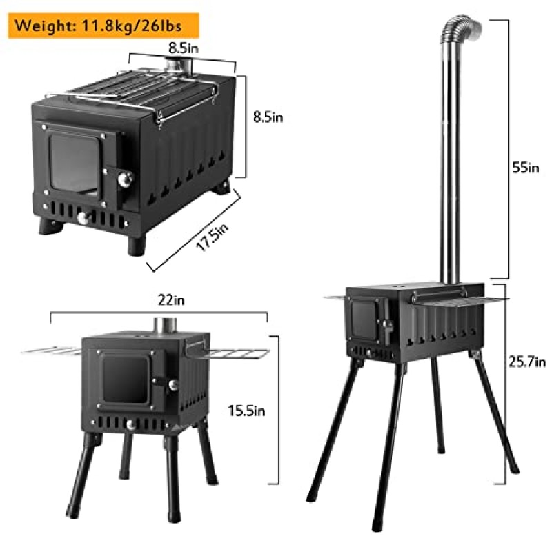 Aomxay 목재 굽기 스토브, 캠핑 목재 스토브, 휴대용 핫 텐트 스토브 목재 굽기, 확장된 피트가 있는 이중 내부 벽 포스트 연소 디자인. 요리와 난방용