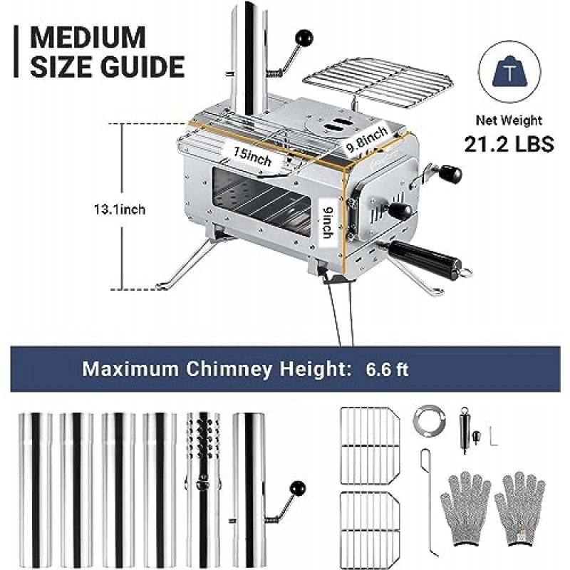 KingCamp 핫 텐트 스토브, 대형 화실이 있는 접이식 캠핑 스토브, 텐트용 6.6피트 겨울 캠핑 스토브, 대피소, 캐빈 난방, 굴뚝 파이프 포함, 야외용 내열 유리 및 장갑