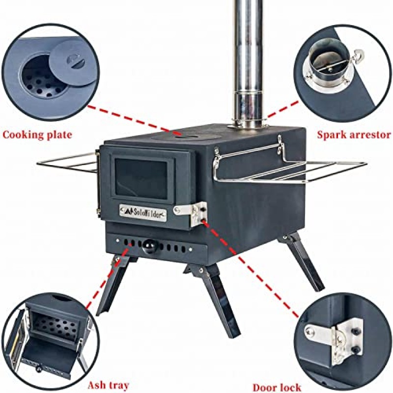 SoloWilder 대형 캠핑 텐트 스토브 야외 요리 난방을위한 휴대용 탄소강 목재 굽기 스토브