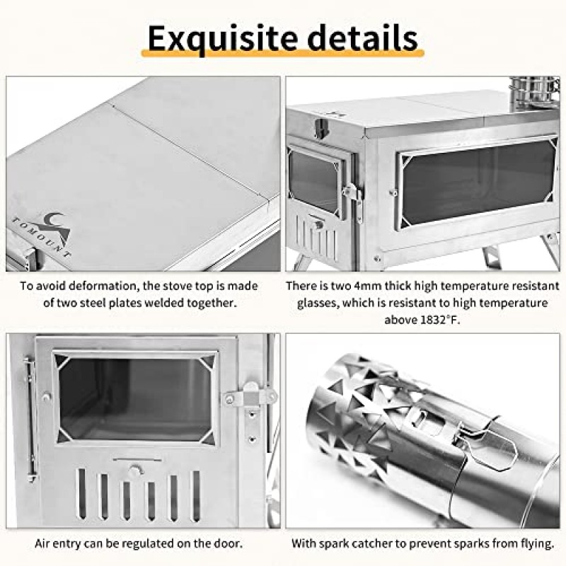 MC TOMOUNT 텐트 스토브 접이식 304 스테인레스 스틸 접이식 휴대용 핫 텐트 캠핑 사냥 6.6 피트 파이프 포함
