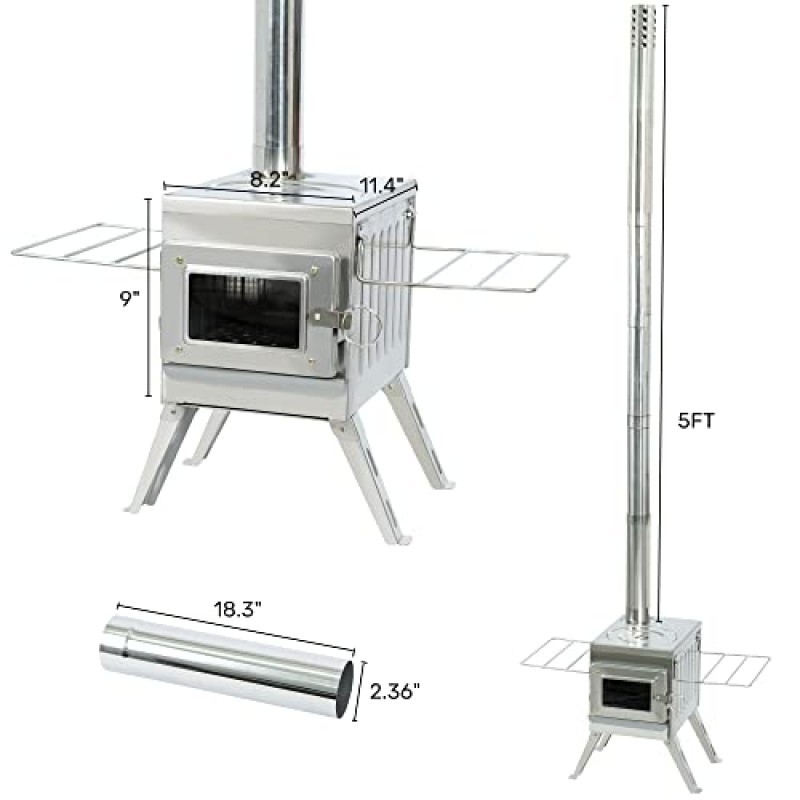 Fltom 캠핑 목재 스토브, 단면 굴뚝 파이프가 있는 휴대용 핫 텐트 스토브, 텐트 쉼터 및 요리 난방용 304 스테인레스 스틸 목재 굽기 스토브