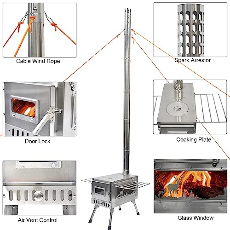 야외 장작 난로, 요리, 캠핑, 텐트, 하이킹, 낚시, 배낭 여행을 위한 굴뚝 파이프가 있는 휴대용