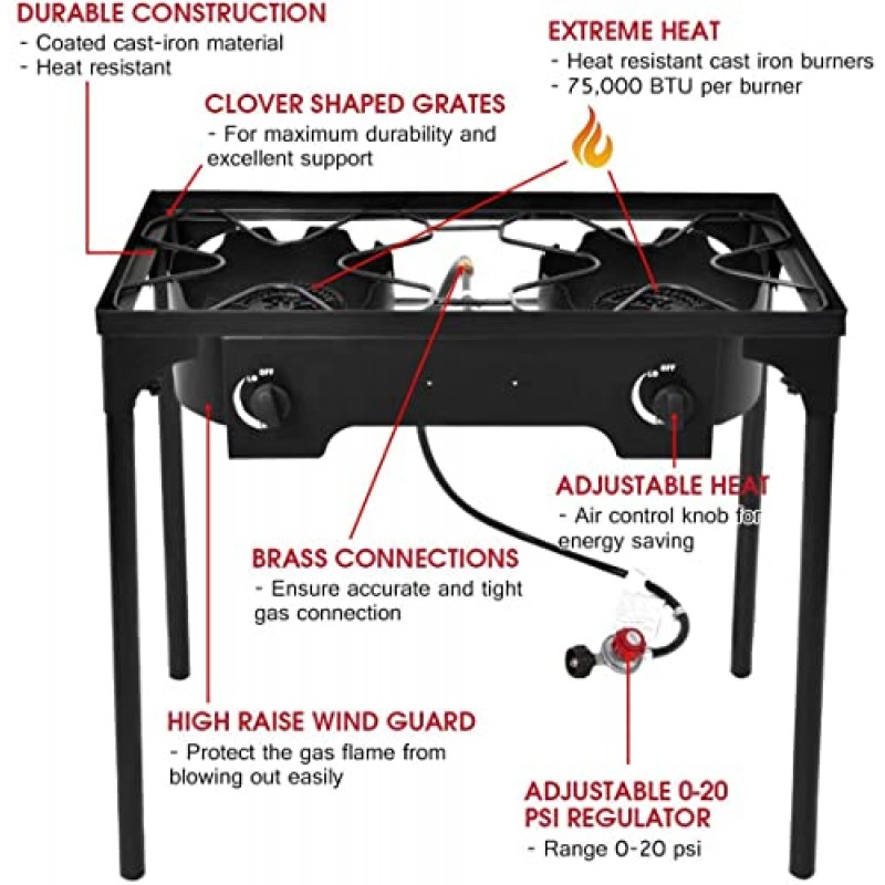 Renatone 야외용 스토브, 2개의 버너 캠프 스토브, 150,000BTU 휴대용 프로판 가스 쿠커(분리형 다리 포함), 캠핑 피크닉 가정 요리에 이상적