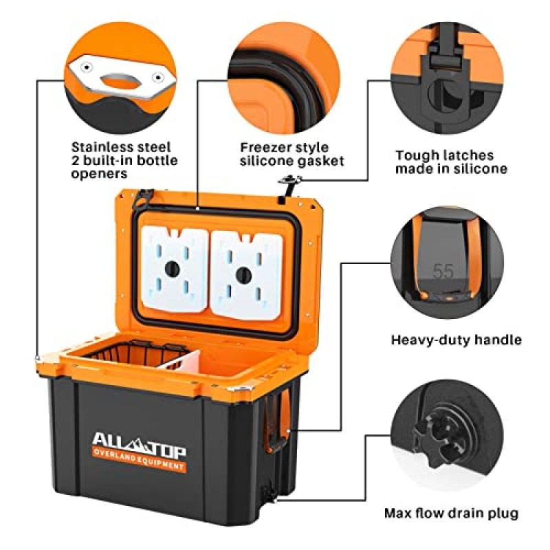 재냉동 가능한 얼음주머니 및 도마가 포함된 ALL-TOP 휴대용 하드 쿨러 - 캠핑, 낚시, 음료, 피크닉, 바베큐, 보트, 음료용 55쿼트 자동차 회전 성형 절연 얼음 상자 상자