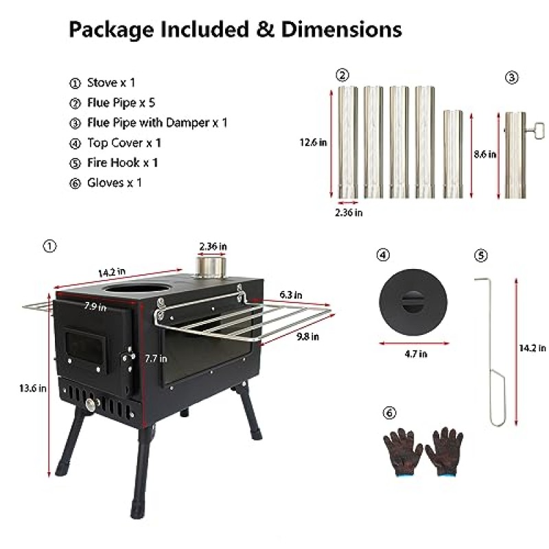 캠핑 목재 난로, 텐트 히터 굴뚝 파이프가 있는 소형 장작 난로, 대형 측면 창 휴대용 핫 텐트 캠프 스토브, 내열 유리 및 난방용 장갑 야외 요리 캠핑 사냥