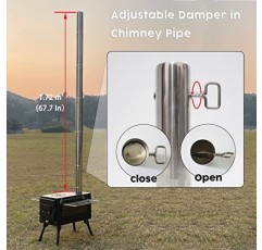 캠핑 목재 난로, 텐트 히터 굴뚝 파이프가 있는 소형 장작 난로, 대형 측면 창 휴대용 핫 텐트 캠프 스토브, 내열 유리 및 난방용 장갑 야외 요리 캠핑 사냥