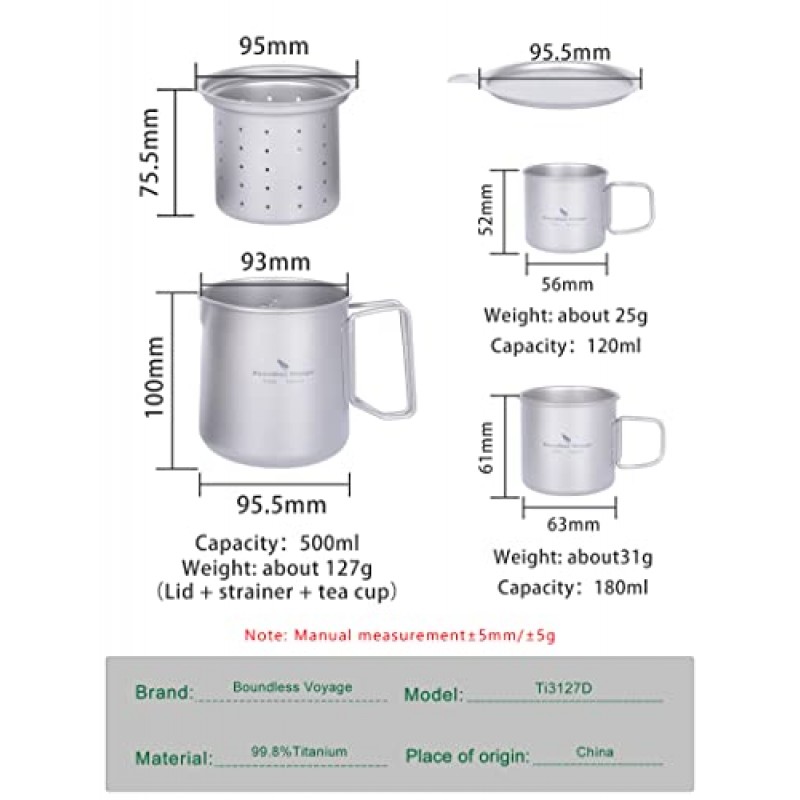 무한 항해 티타늄 500ml 머그컵(뚜껑과 여과기 필터 포함) 야외 캠핑 하이킹 배낭 여행용 분리형 접이식 손잡이가 있는 초경량 티컵(3컵 세트)