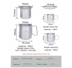무한 항해 티타늄 500ml 머그컵(뚜껑과 여과기 필터 포함) 야외 캠핑 하이킹 배낭 여행용 분리형 접이식 손잡이가 있는 초경량 티컵(3컵 세트)
