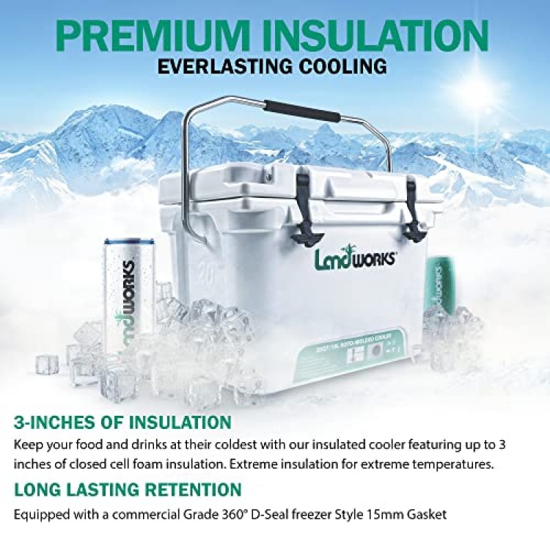 Landworks Rotomolded Ice Cooler 20QT(업그레이드) 최대 5일 얼음 보존 상업 등급 식품 안전 드라이 아이스 호환 UV 보호 15mm 개스킷 병따개 로우 프로파일 래치