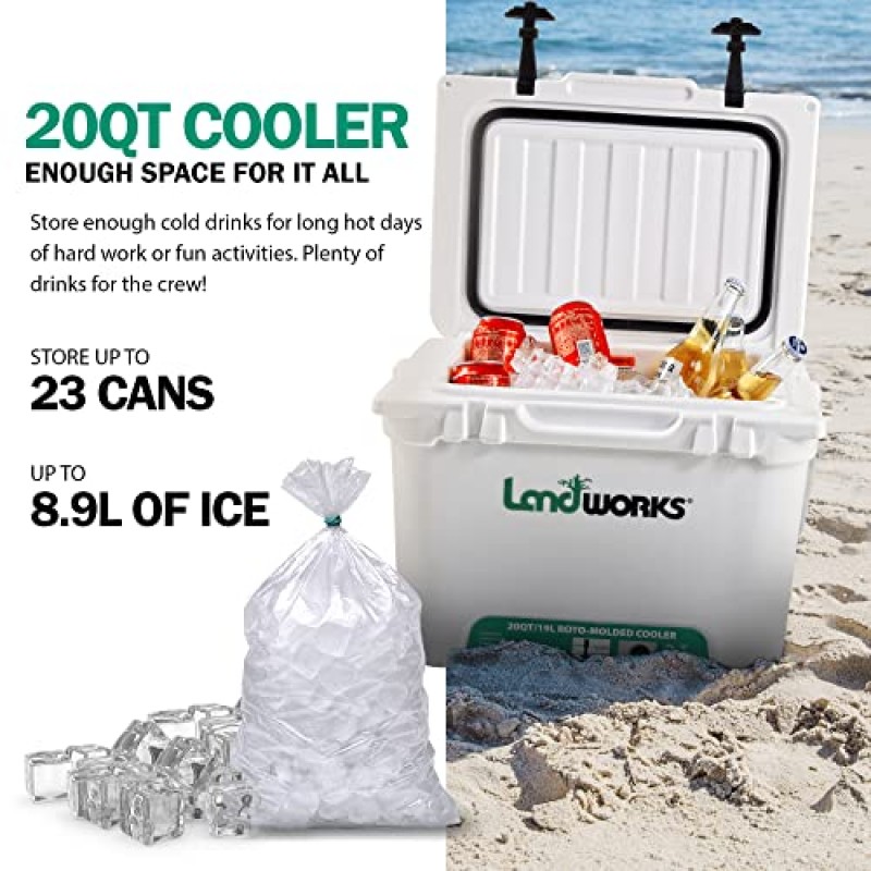 Landworks Rotomolded Ice Cooler 20QT(업그레이드) 최대 5일 얼음 보존 상업 등급 식품 안전 드라이 아이스 호환 UV 보호 15mm 개스킷 병따개 로우 프로파일 래치