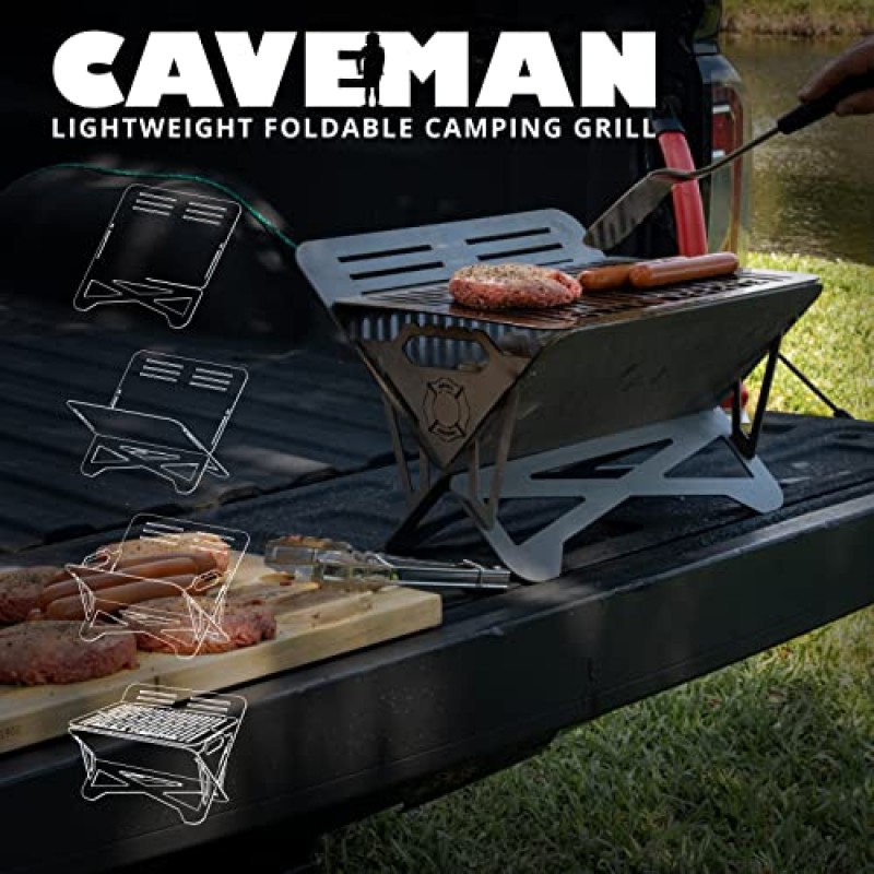 Caveman Grill Large - 완전히 납작하게 접을 수 있고 무게가 2파운드 미만이며 8명이 먹을 수 있고 배낭에 쏙 들어가는 캠핑용 경량 휴대용 그릴입니다. 하이킹, 테일게이팅을 위해 설계되었습니다.