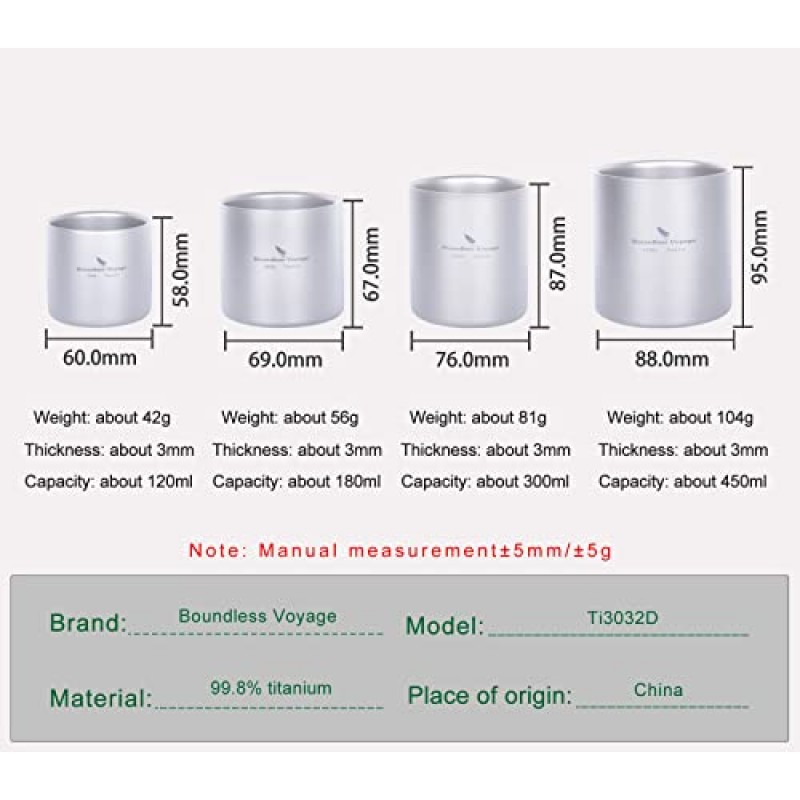 무한 항해 이중 벽으로 둘러싸인 티타늄 컵 절연 머그컵 안티 scalding 야외 캠핑 식기 120ml 180ml 300ml 450ml (4 PCS)