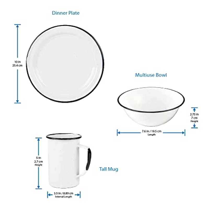 Cinsa 18피스 에나멜 식기류 캠핑/야외 6인용 세트(화이트) 접시, 그릇, 긴 머그가 포함되어 있습니다. 경량, 내열성, 세척 용이, 식기세척기 사용 가능.