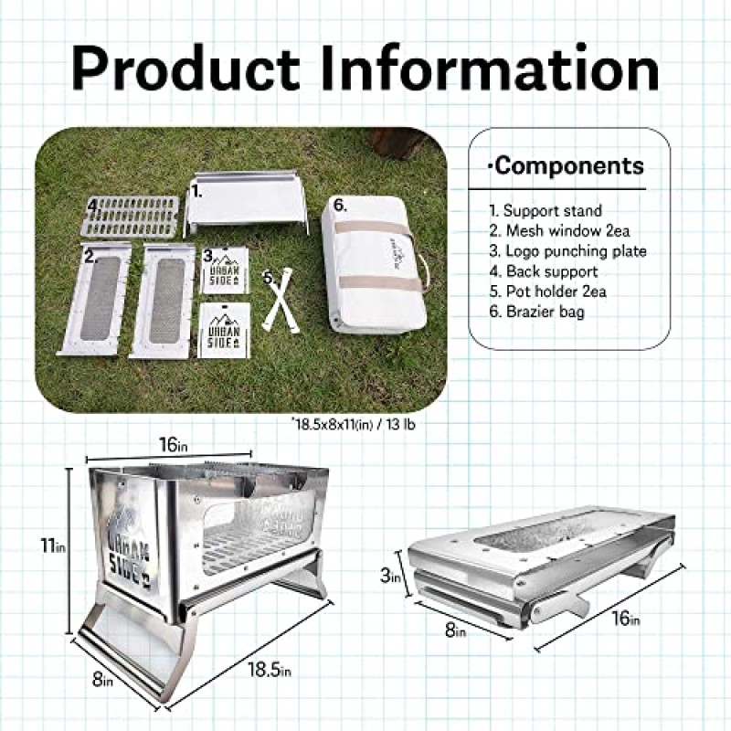 URBANSIDE 스테인레스 스틸 캠핑 목재 스토브 | 휴대용, 간편한 접이식 미니 스토브 I 한국산 최소 변형 스테인레스 스틸 | 야외 캠핑 장비 I 미니 바베큐 그릴