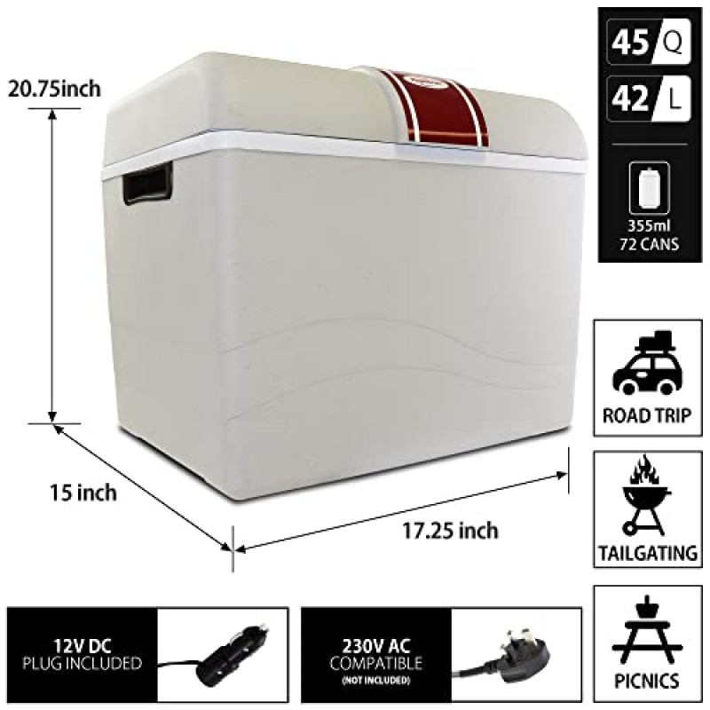 Koolatron 전기 휴대용 쿨러 플러그 인 12V 자동차 쿨러/워머 45qt(42L), 얼음 없음 캠핑용 열 전기 휴대용 냉장고, 여행용 도로 여행 트럭 운송, 12V DC 전원 코드 포함, 회색/흰색.