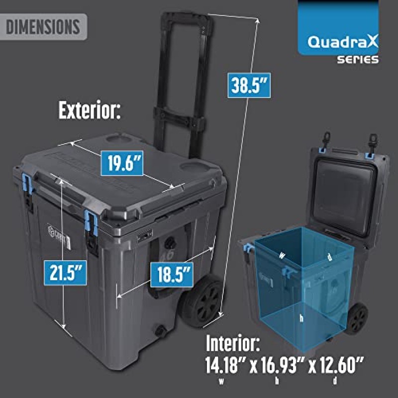 캠핑, 낚시, 해변용 Cubix Outdoors QuadraX 46 쿼트 바퀴 회전식 휴대용 하드 쿨러 | 바퀴와 손잡이가 있는 고강도 절연 아이스박스 | 냉장보관 5일