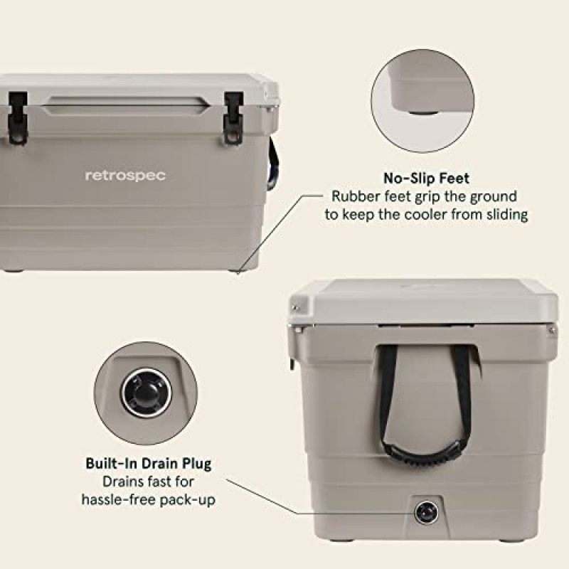 Retrospec Palisade Rotomolded 65 Qt 쿨러 - 병따개, 고정 슬롯 및 건조물 바구니가 내장된 완전 절연 휴대용 아이스 박스 - 대형 해변, 캠핑 및 여행용 쿨러 - Dune