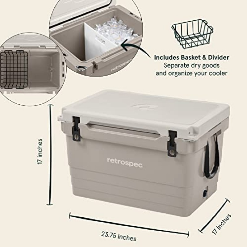 Retrospec Palisade Rotomolded 65 Qt 쿨러 - 병따개, 고정 슬롯 및 건조물 바구니가 내장된 완전 절연 휴대용 아이스 박스 - 대형 해변, 캠핑 및 여행용 쿨러 - Dune