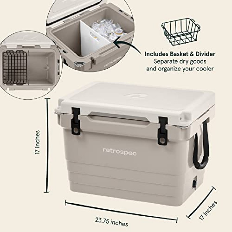 Retrospec Palisade Rotomolded 45 Qt 쿨러 - 병따개, 타이다운 슬롯 및 건조물 바구니가 내장된 완전 절연 휴대용 아이스 박스 - 대형 해변, 캠핑 및 여행용 쿨러 - Dune