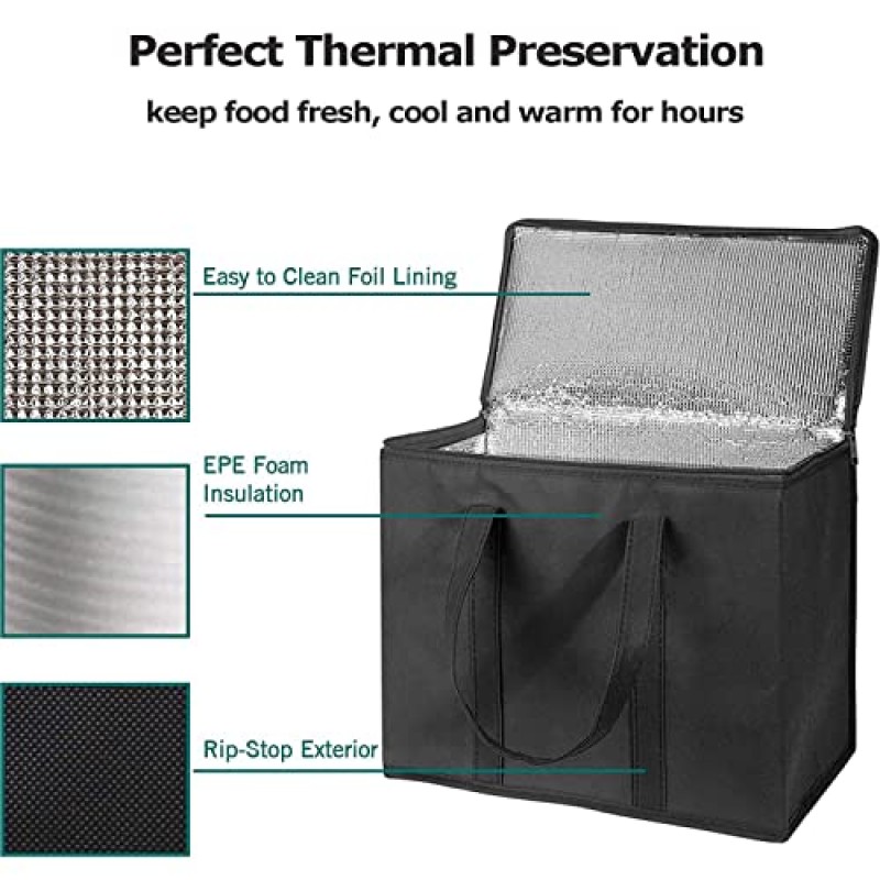 쿨러 및 보온 가방, 30Lt 접이식, 수직으로 서 있음, 내구성이 강화된 강화 식품 가방, 단열 냉/온 내용물, 재사용 가능, 식료품, 쇼핑, 캠핑, 피크닉, BBQ, 배달(검은색)