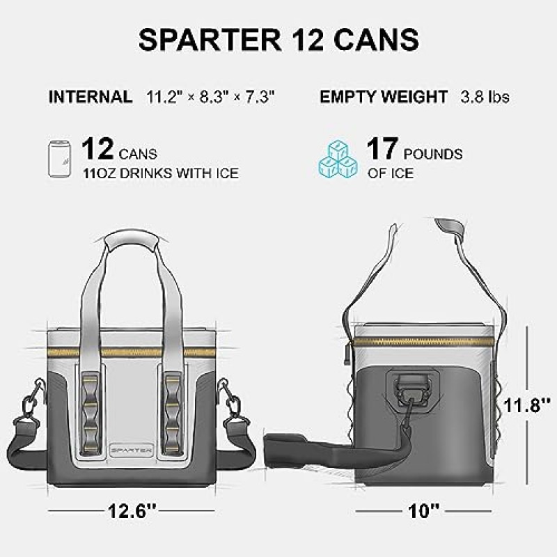 SPARTER 휴대용 소프트 쿨러 12캔, 4-7일 동안 차갑게 유지, 카약, 낚시, 사냥, 캠핑, 서핑, 하이킹 및 모험을 위한 재사용 가능한 아이스 팩이 포함된 IP68 Tizip 누출 방지 지퍼