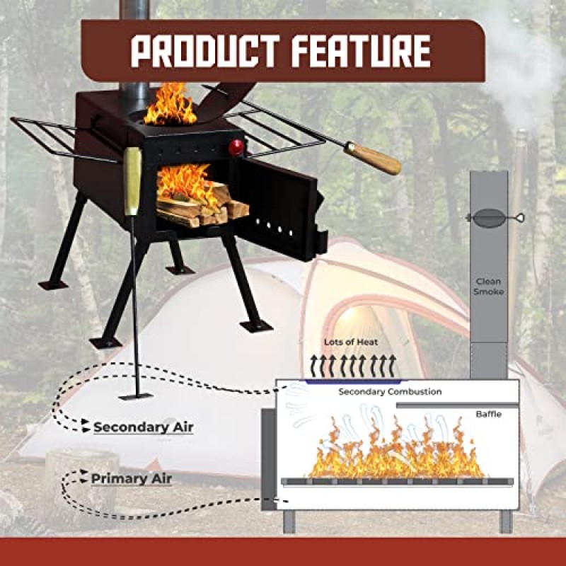 FEBTECH – 장작 난로 – 가정용 난방용 야외 캠핑 소형 장작 난로 – 텐트, 대피소, 하이킹, 낚시, 난방, 요리용 굴뚝 파이프가 있는 텐트 스토브-rv용 미니 장작 난로