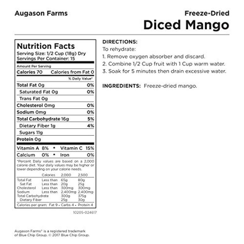 Augason Farms 동결 건조 파인애플 청크 12온스 및 동결 건조 깍둑썰기한 망고 9.52온스 No. 10 캔