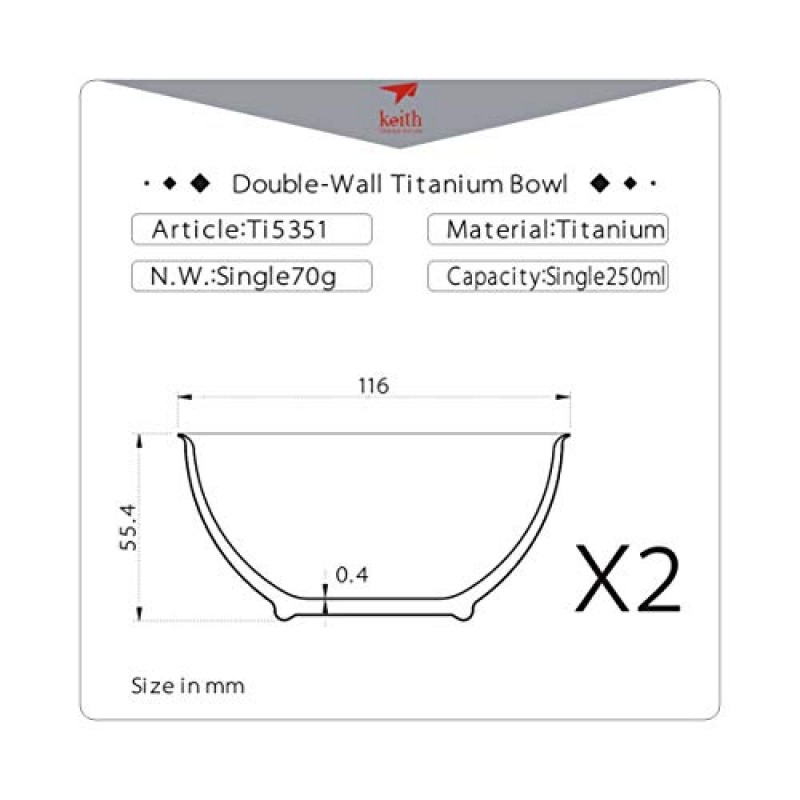 Keith Titanium Ti5351 이중벽 단열 보울 - 8.5 fl oz (2개 세트)