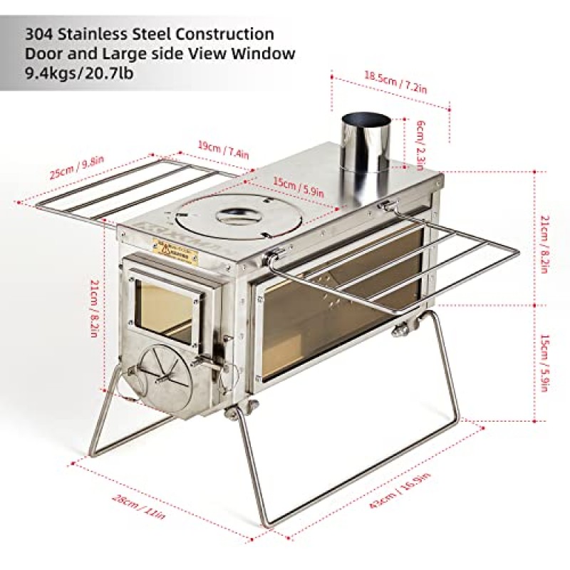 6 섹션 굴뚝 파이프가있는 XCMAN 캠핑 텐트 목재 스토브, 3 뷰 창문 휴대용 목재 스토브, 얼음 낚시 대피소, 사냥, 야외 요리 헤비 게이지 304 스테인레스 스틸