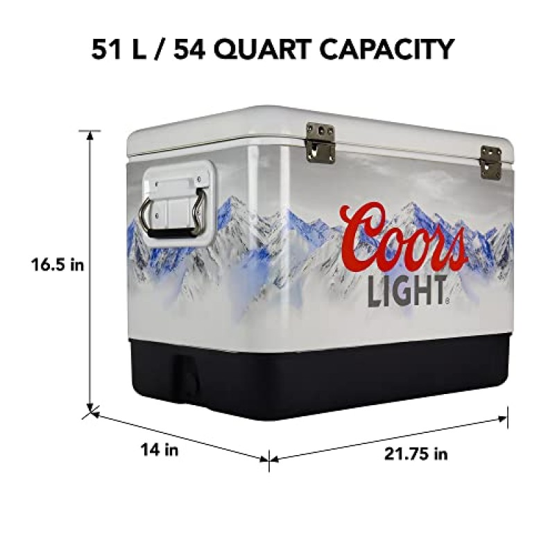 쿠어스 라이트 아이스 체스트 음료 쿨러(병따개 포함), 51L(54qt), 85캔 강철 벨트 휴대용 쿨러, 흰색 및 검정색, 캠핑, 해변, RV, 바비큐, 테일게이팅, 낚시용