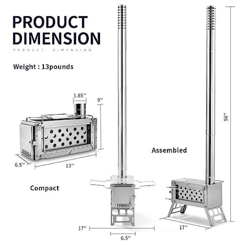 핫 텐트 스토브 장작 난로, 히터 및 요리용 휴대용 304 스테인레스 스틸 캠핑 장작 난로, 이중 내부 벽 포스트 연소 디자인을 갖춘 효율적인 목재 난로