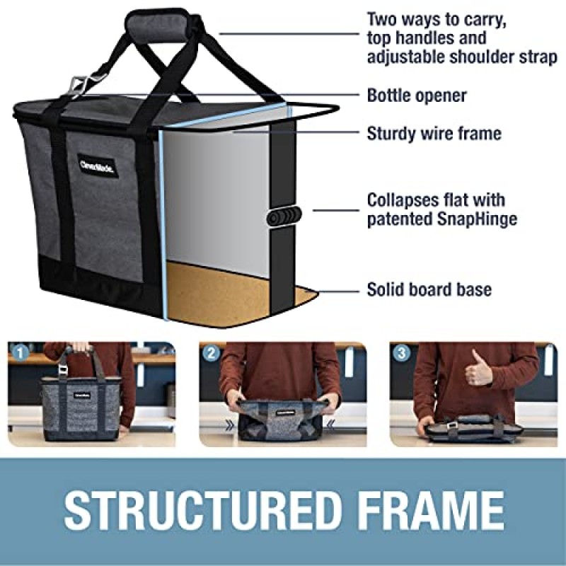 CleverMade 접이식 쿨러 백(어깨 끈 포함): 절연 누출 방지 30캔 캠핑, 점심, 해변, 피크닉을 위한 병따개 포함 휴대용 소프트 음료 토트; 그레이/블루, 20L