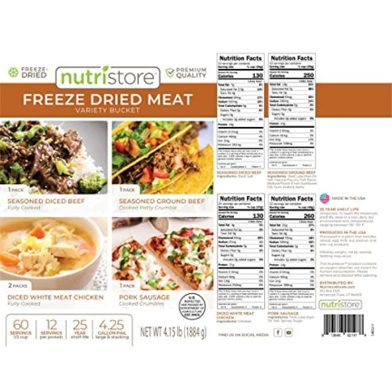 Nutristore 비상용 버킷 | 프리미엄 동결건조육 | 유통기한 25년 | 미국산 | 긴급 생존 식량 공급 | 60인분