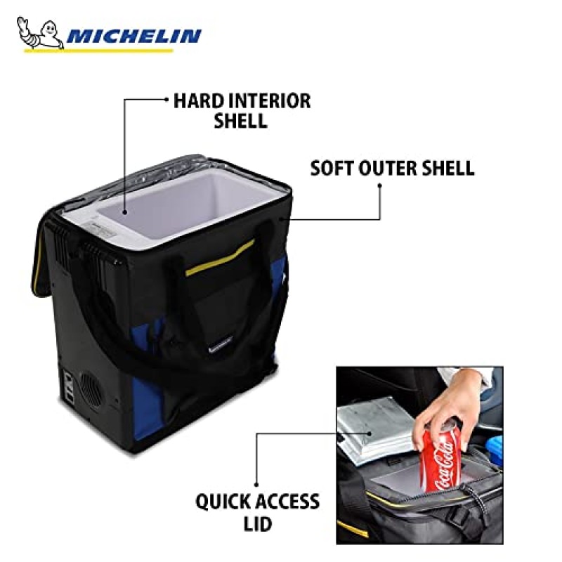 Michelin 전기 휴대용 쿨러 플러그 인 12V 차량용 쿨러/워머, 15qt(14L), 휴대용 자동차 냉장고(USB 충전 포트 포함), 블루/블랙, DC 전원 코드 포함, 어깨 끈, 코드 보관함, 여행 낚시 트럭 여행