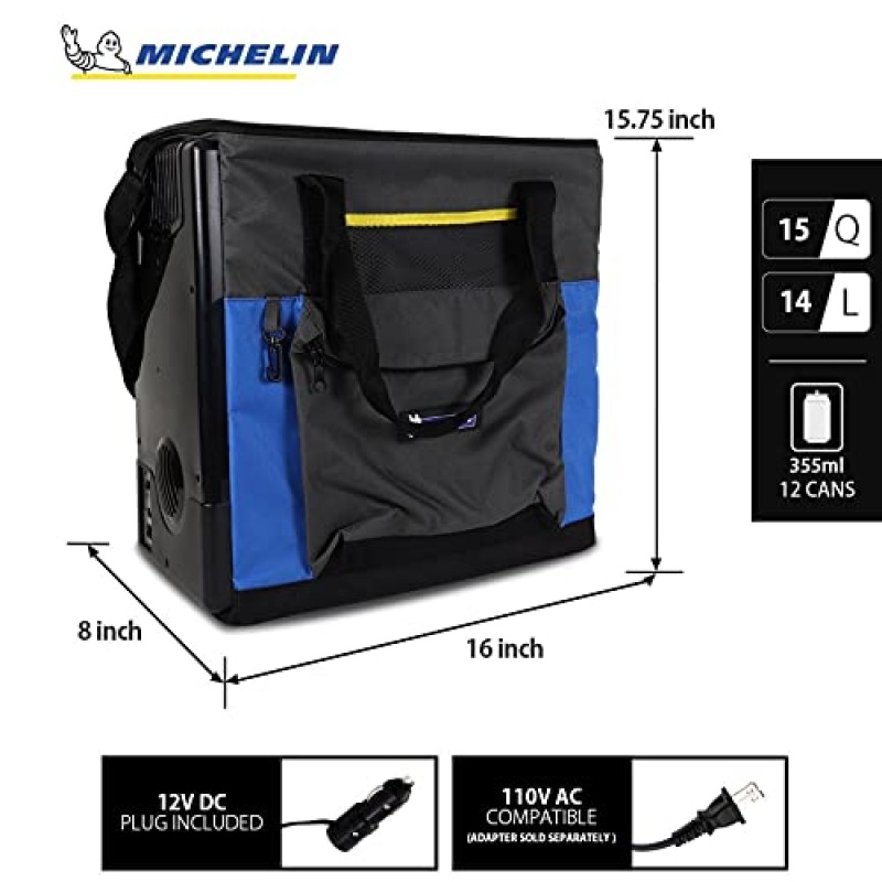 Michelin 전기 휴대용 쿨러 플러그 인 12V 차량용 쿨러/워머, 15qt(14L), 휴대용 자동차 냉장고(USB 충전 포트 포함), 블루/블랙, DC 전원 코드 포함, 어깨 끈, 코드 보관함, 여행 낚시 트럭 여행