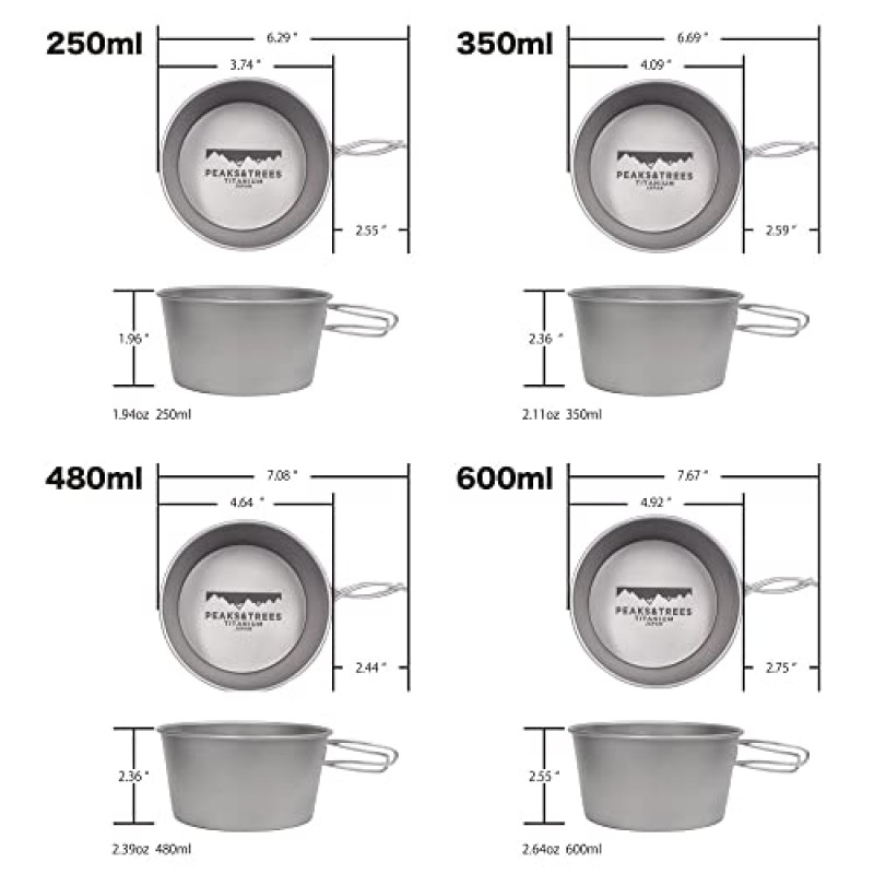 PEAKS&TREES 250ml - 600ml 접이식 손잡이가 있는 티타늄 그릇 초경량 코크웨어 아웃도어 백패킹 캠핑 하이킹 【일본산】 (250ml-600ml 4개 세트)