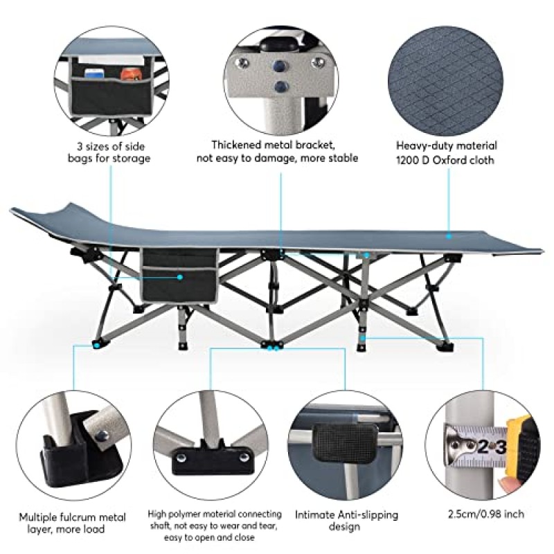 성인용 슬렌더 접이식 캠핑 침대 휴대용 야외 침대 베개와 캐리 백, 1200D 더블 레이어 옥스포드, 500 LBS(최대 부하)가 있는 캠프용 헤비 듀티 슬리핑 침대
