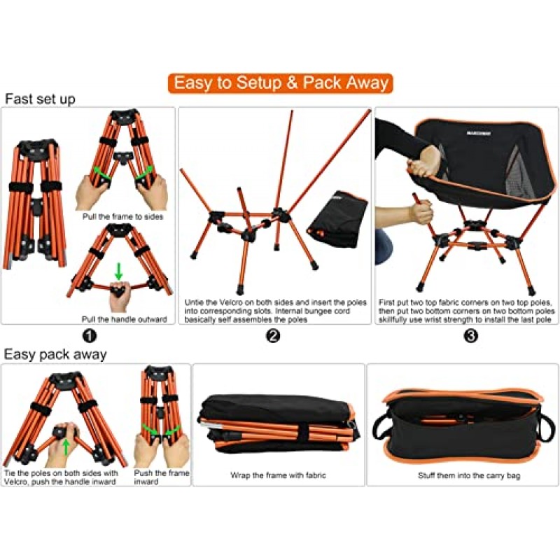 MARCHWAY 경량 접이식 캠핑 의자, 야외 캠프, 여행, 해변, 피크닉, 축제, 하이킹, 배낭 여행을 위한 안정적인 휴대용 컴팩트, 330Lbs 지원(오렌지)