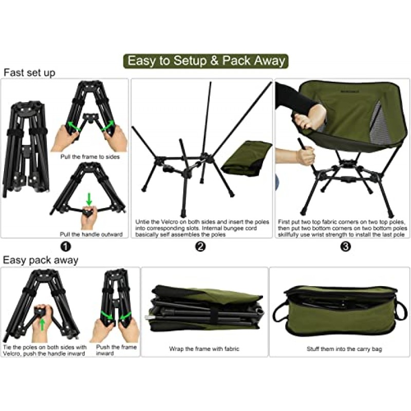 MARCHWAY 경량 접이식 캠핑 의자, 야외 캠프, 여행, 해변, 피크닉, 축제, 하이킹, 배낭 여행을 위한 안정적인 휴대용 컴팩트, 330Lbs 지원(녹색)
