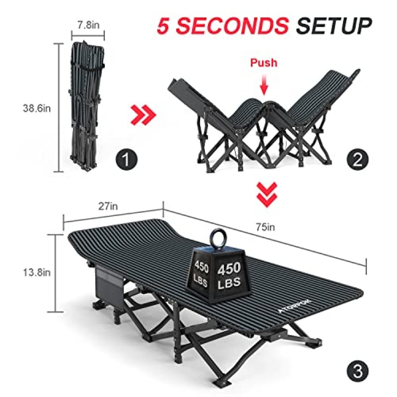 편안한 쿠션이 있는 성인용 ATORPOK 캠핑 침대, 수면을 위한 텐트 접이식 침대, 어린이를 위한 운반 가방이 있는 경량 접이식 침대는 450lbs를 지원합니다.
