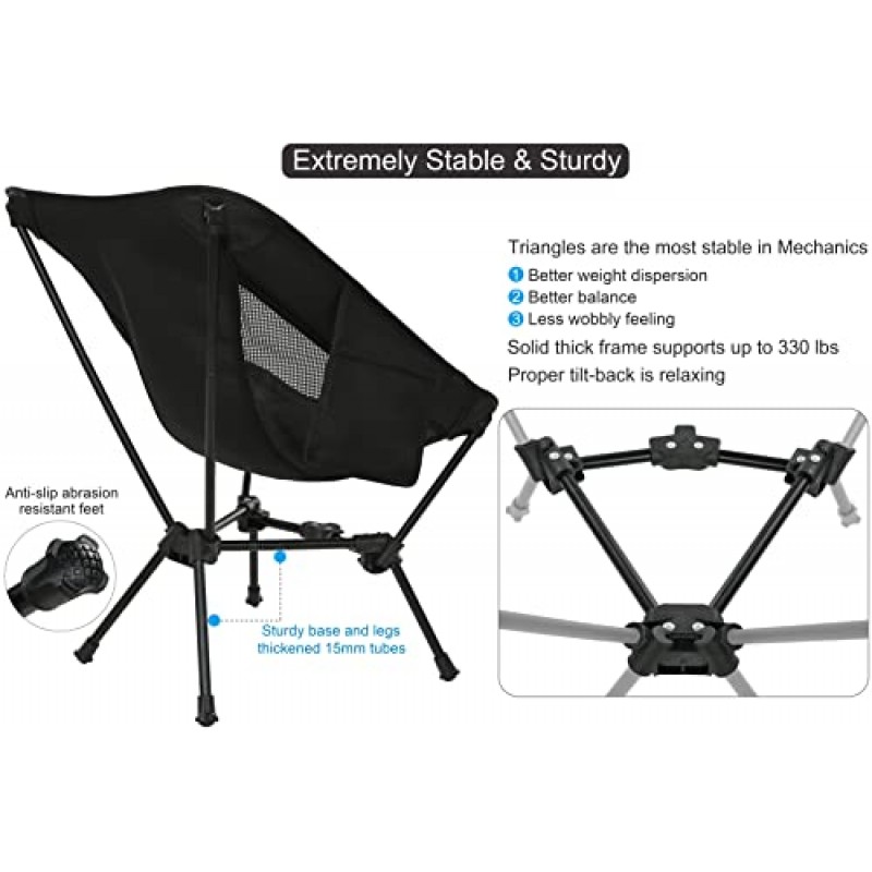 MARCHWAY 경량 접이식 캠핑 의자, 야외 캠프, 여행, 해변, 피크닉, 축제, 하이킹, 배낭 여행을 위한 안정적인 휴대용 컴팩트, 330Lbs 지원(검은색)