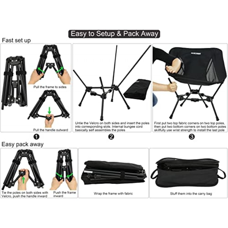 MARCHWAY 경량 접이식 캠핑 의자, 야외 캠프, 여행, 해변, 피크닉, 축제, 하이킹, 배낭 여행을 위한 안정적인 휴대용 컴팩트, 330Lbs 지원(검은색)