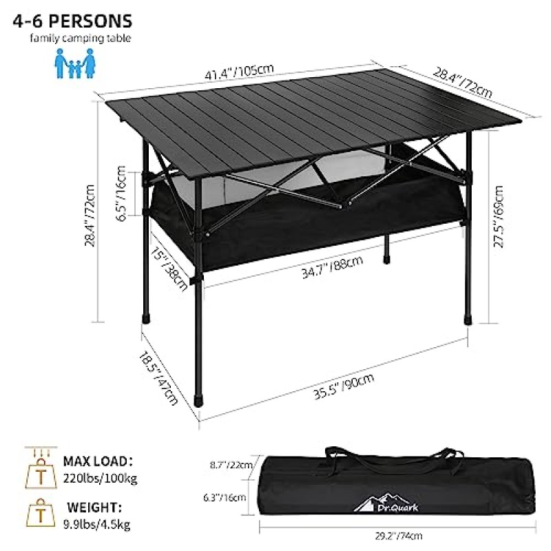 Dr.Quark 캠핑 테이블 41.4'x 28.4' 대형 수납 공간이 있는 초소형 알루미늄 접이식 캠핑 테이블 휴대용 캠핑 테이블 4-6인용 접이식 캠핑 테이블(캐리백 포함)