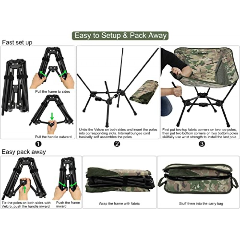 MARCHWAY 경량 접이식 캠핑 의자, 야외 캠프, 여행, 해변, 피크닉, 축제, 하이킹, 배낭 여행을 위한 안정적인 휴대용 컴팩트, 330Lbs 지원(Camo)