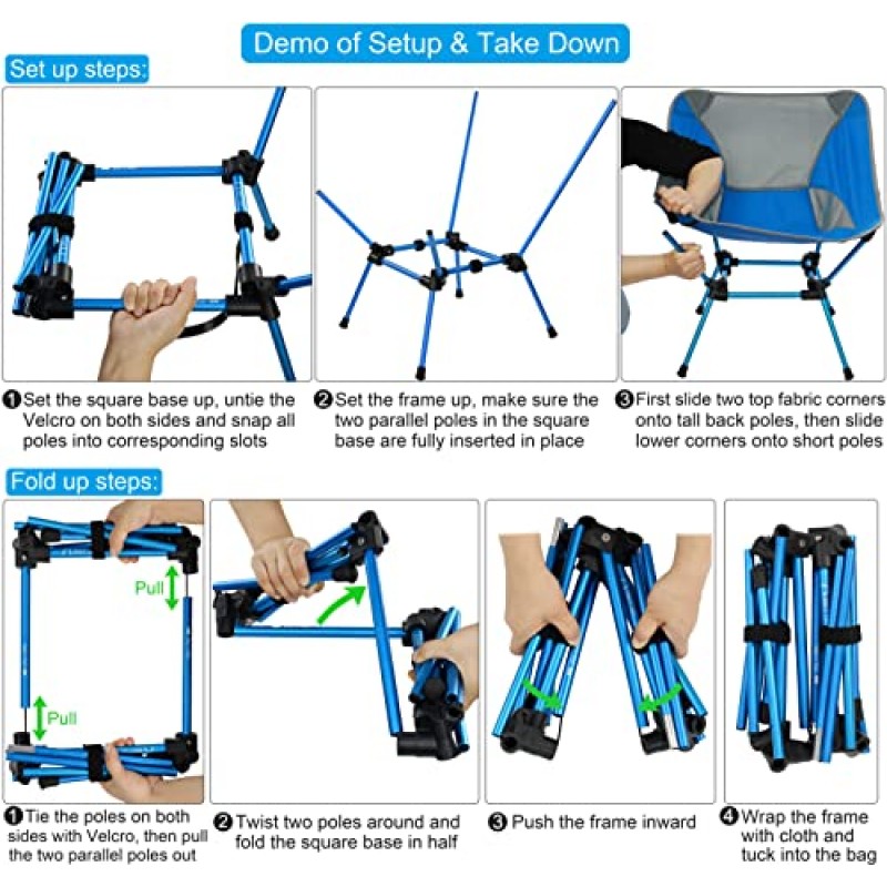 MARCHWAY 초경량 접이식 캠핑 의자, 야외 캠프, 여행, 해변, 피크닉, 축제, 하이킹, 경량 배낭 여행을 위한 견고한 휴대용 컴팩트(밝은 파란색)