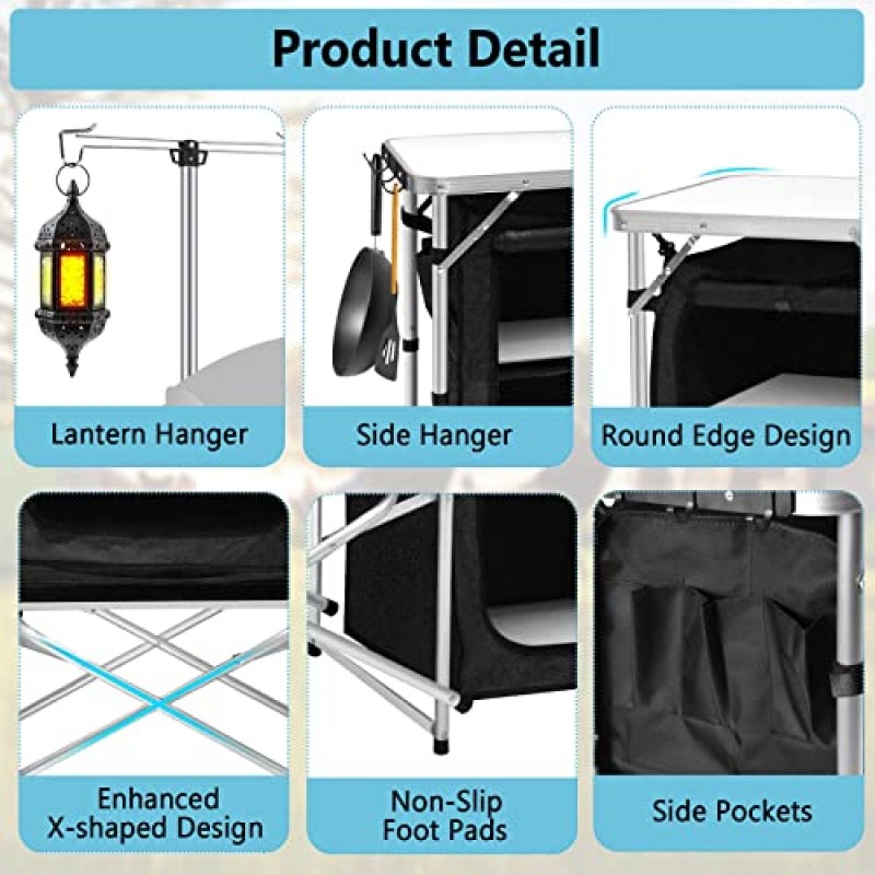 Seeutek 캠핑 주방 테이블 알루미늄 휴대용 야외 요리 테이블 접이식 캠프 테이블(바람막이, 후크, 랜트렌 행거 및 바베큐, 파티 및 피크닉용 다기능 3개 보관 주최자 포함)