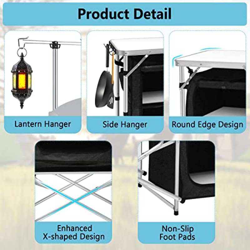 Seeutek 캠핑 주방 테이블 알루미늄 휴대용 야외 요리 테이블 접이식 캠프 테이블(바람막이, 후크, 랜트렌 행거 및 바베큐, 파티 및 피크닉용 다기능 3개 보관 주최자 포함)